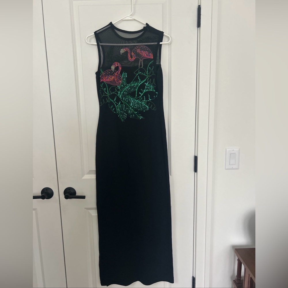 ST JOHN EVENING sz 2 Illusion Maxi Dress Tropical Crystal Flamingo Santana 2002